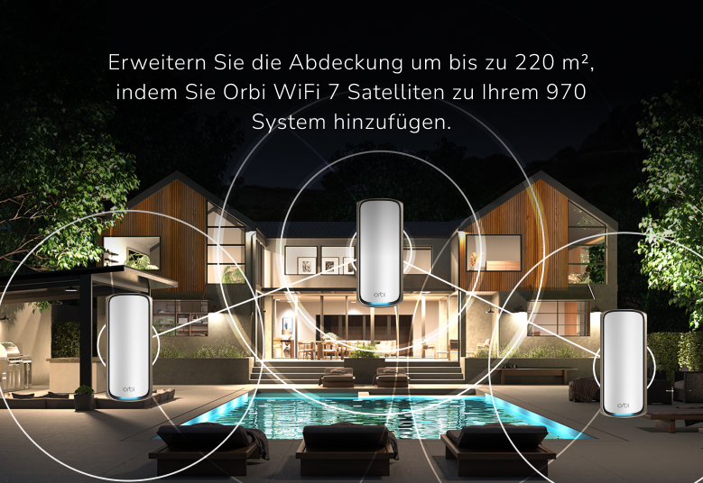 Orbi RBE970 Expand coverage by up to 3,300 sq. ft. by adding Orbi WiFi 7 satellites to your 970 Series system