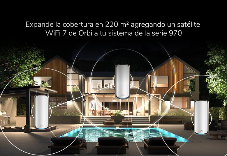 Orbi RBE970 Expand coverage by up to 3,300 sq. ft. by adding Orbi WiFi 7 satellites to your 970 Series system